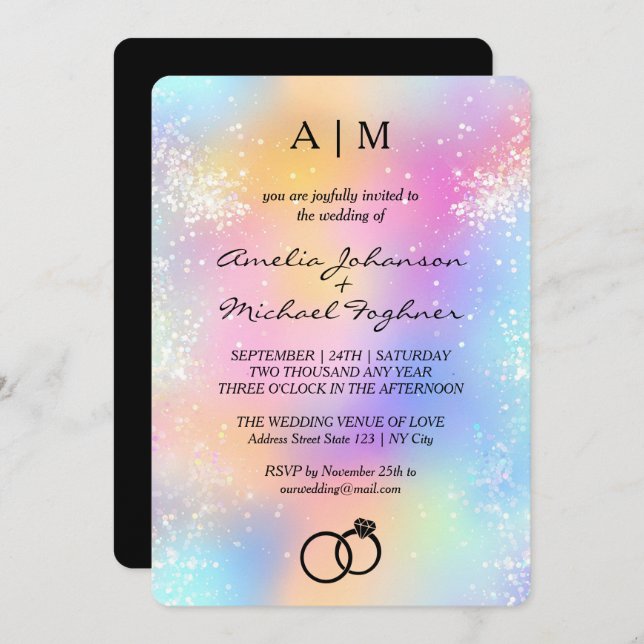 Holographic Modern Monogram Wedding Invitation  (Front/Back)