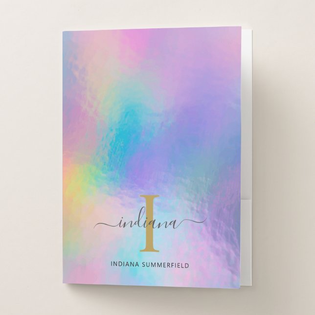 Holographic Monogram Name Initial Script Modern Pocket Folder (Front)