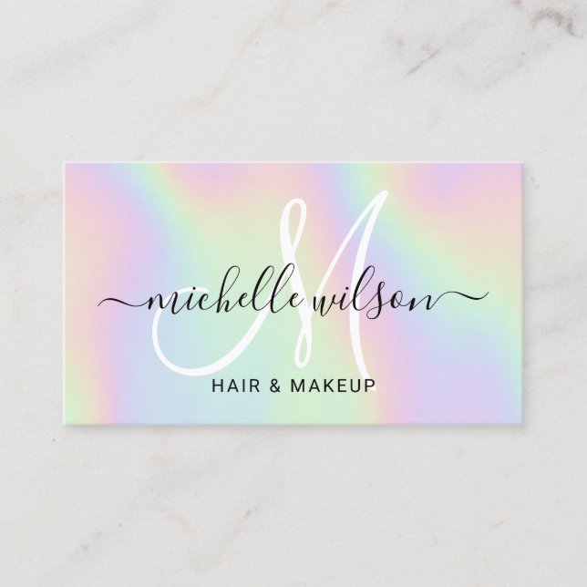 Holographic Monogram Script Makeup & Hair Salon Business Card (Front)