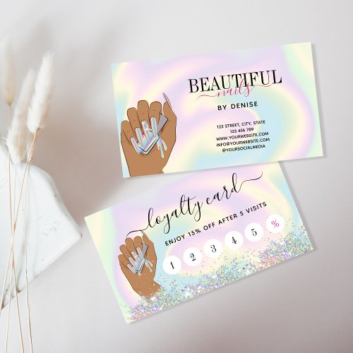 holographic nail salon woman hand nail technician  business card