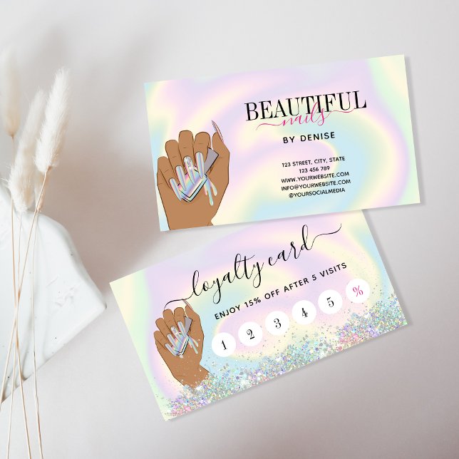 holographic nail salon woman hand nail technician  business card (Creator Uploaded)
