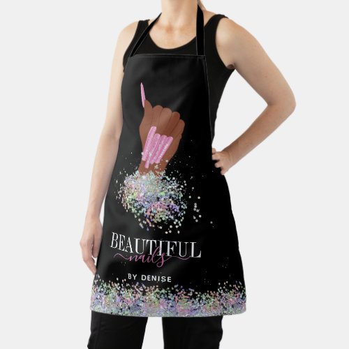 holographic nail salon woman hand nails technician apron