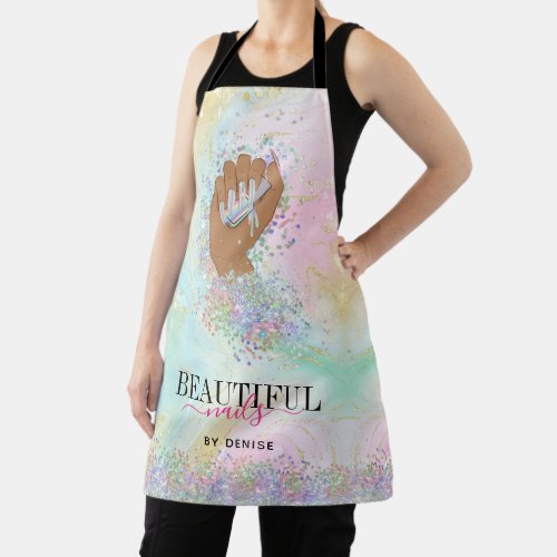 holographic nail salon woman hand nails technician apron