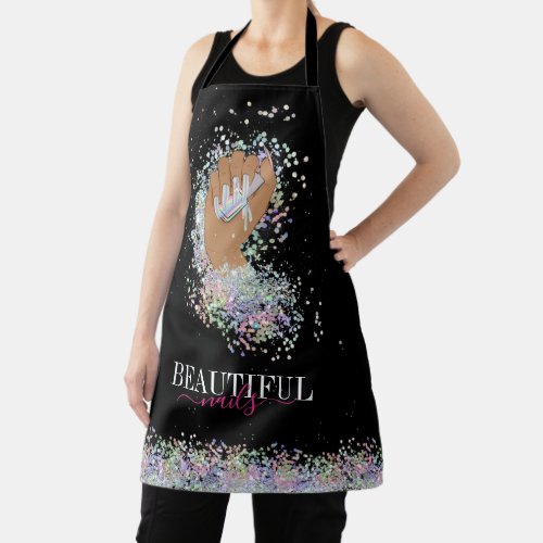 holographic nail salon woman hand nails technician apron