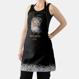 holographic nail salon woman hand nails technician apron