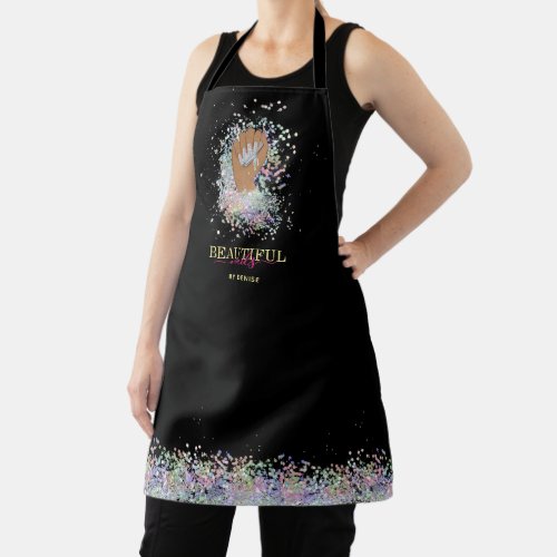 holographic nail salon woman hand nails technician apron