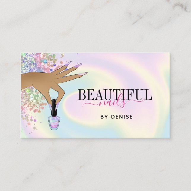 holographic nail salon woman hand nails technician business card (Front)