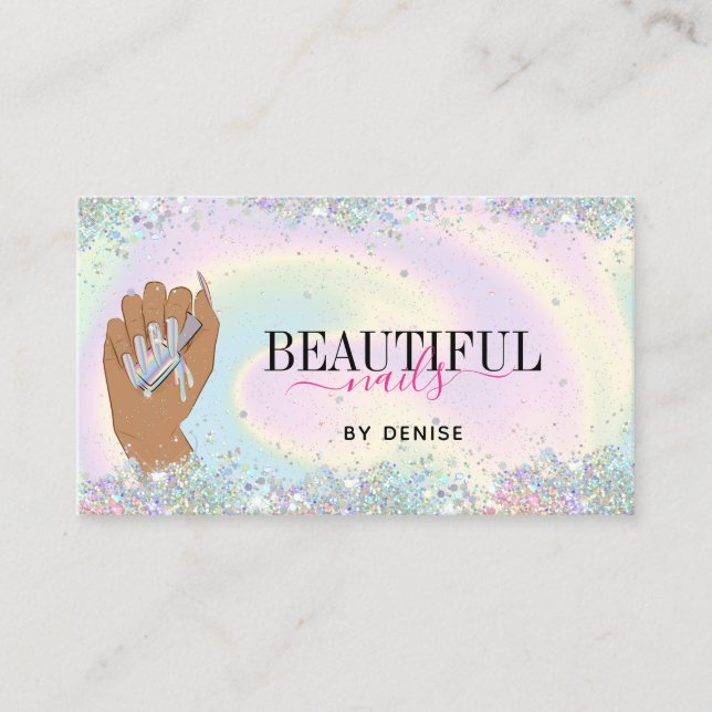 holographic nail salon woman hand nails technician business card (Front)