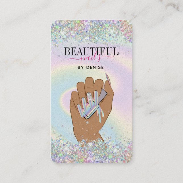 holographic nail salon woman hand nails technician business card (Front)