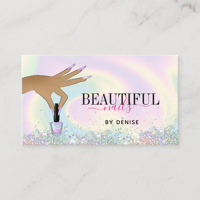holographic nail salon woman hand nails technician business card (Front)