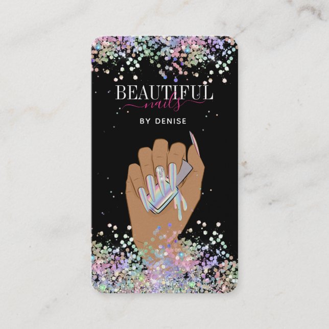 holographic nail salon woman hand nails technician business card (Front)