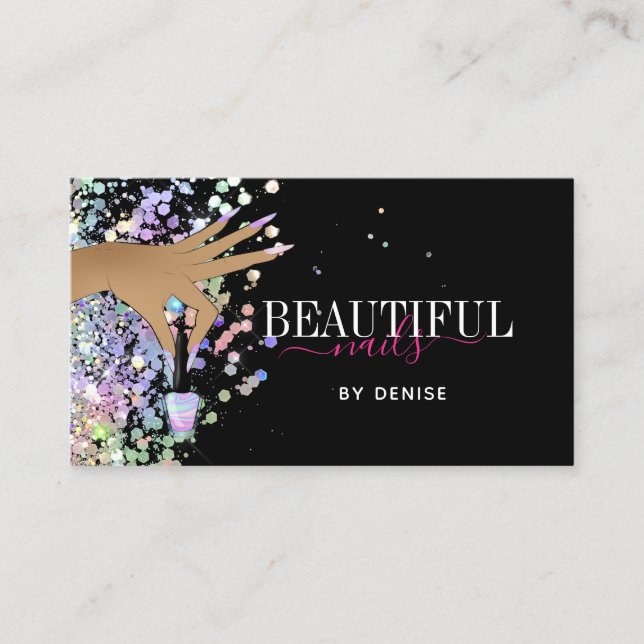 holographic nail salon woman hand nails technician business card (Front)