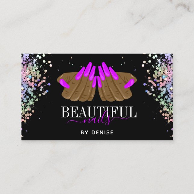 holographic nail salon woman hand nails technician business card (Front)