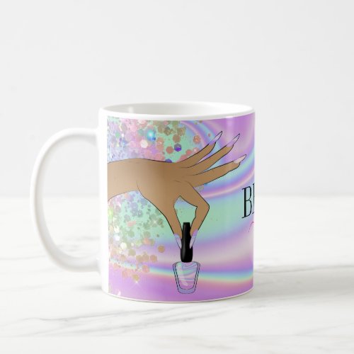 holographic nail salon woman hand nails technician coffee mug