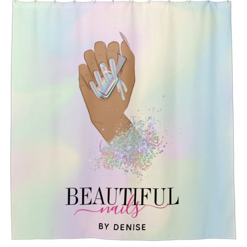 holographic nail salon woman hand nails technician shower curtain