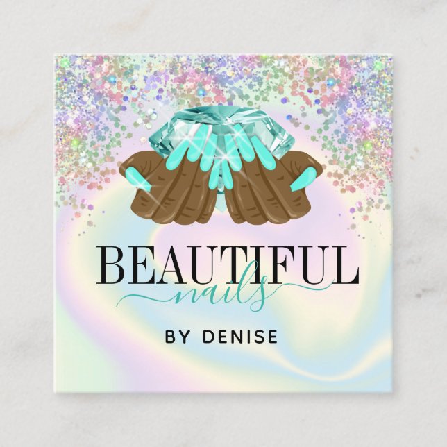 holographic nail salon woman hand nails technician square business card (Front)