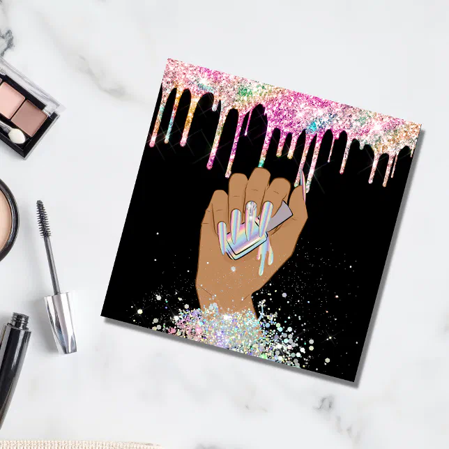 holographic nail salon woman hand nails technician square business card ...