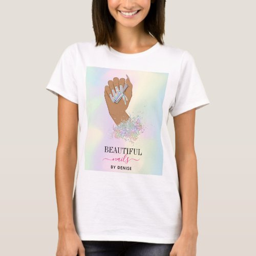 holographic nail salon woman hand nails technician T_Shirt