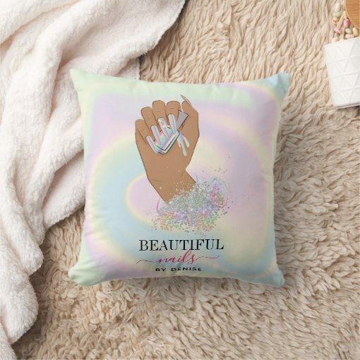 holographic nail salon woman hand nails technician throw pillow | Zazzle