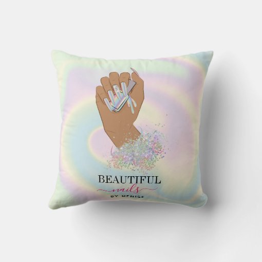 holographic nail salon woman hand nails technician throw pillow | Zazzle