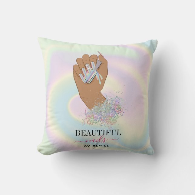 holographic nail salon woman hand nails technician throw pillow (Front)