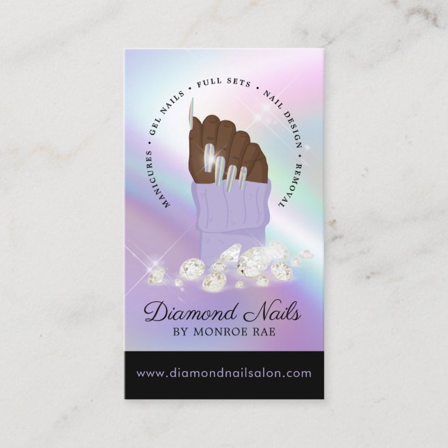 Holographic Nail Tech Nail Salon Trendy Hand Logo Business Card (Front)