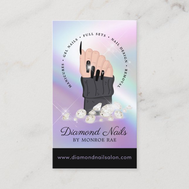 Holographic Nail Tech Nail Salon Trendy Hand Logo  Business Card (Front)
