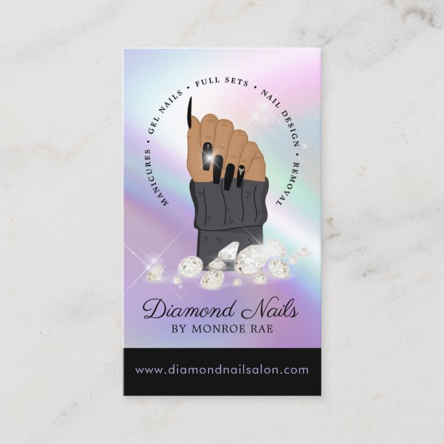 Holographic Nail Tech Nail Salon Trendy Hand Logo  Business Card (Front)
