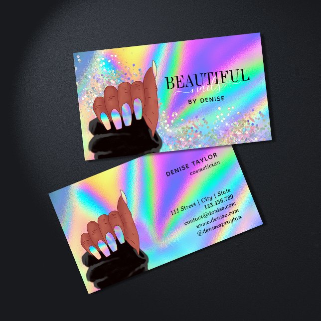 holographic nails salon afroamerican hand  busines business card (Creator Uploaded)