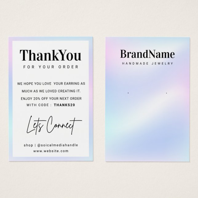 Holographic Name Earring Display Thank You Card (Front & Back)