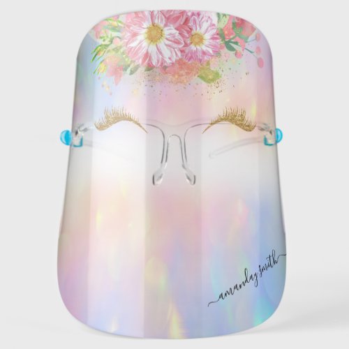 Holographic Name Floral Lashes Therapy Unicorn Face Shield