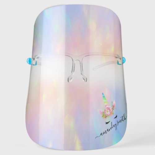 Holographic Name Pink  Unicorn Cute Flowers Face Shield