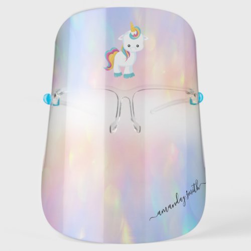 Holographic Name Pink  Unicorn  Therapy Rainbow Face Shield