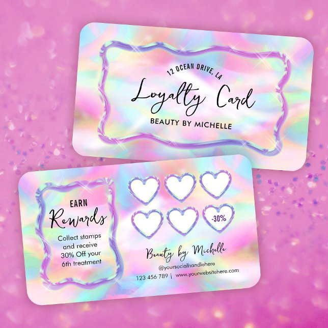 Holographic Neon Colors Girly Makeup Nails Salon Loyalty Card (Neon effect business loyalty cards featuring trendy fonts and holographic style background)