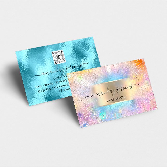 Holographic Ocean Gold Confetti Boutique Shop QR  Business Card (Holographic Ocean Gold Confetti Boutique Shop QR Business Card)