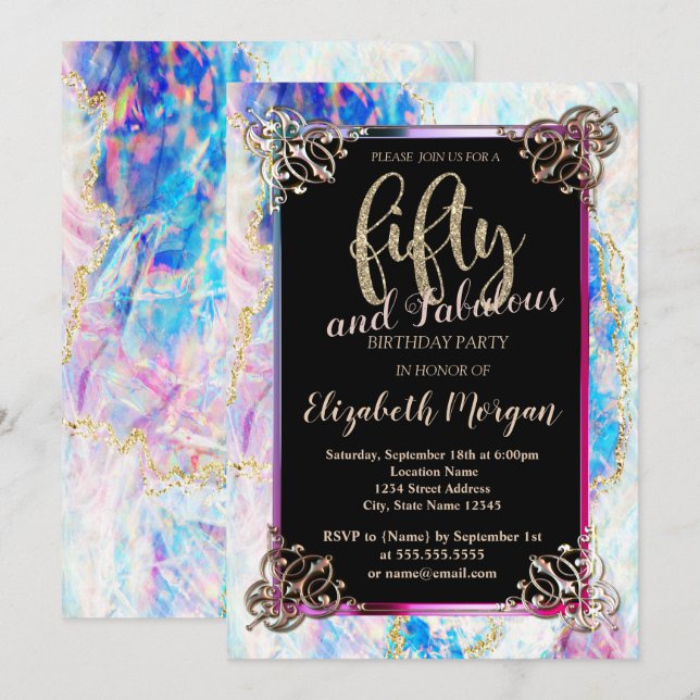 Holographic Opal,Border 50th Birthday  Invitation (Front/Back)