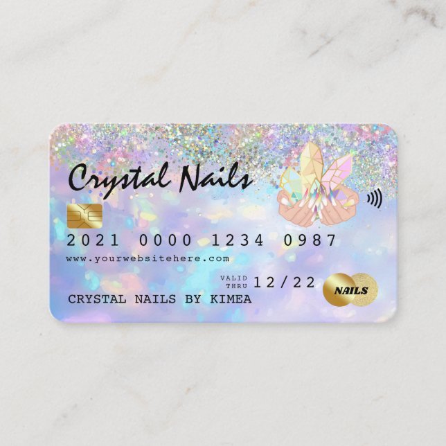 Holographic Opal Crystal Nail Tech Credit Card (Front)