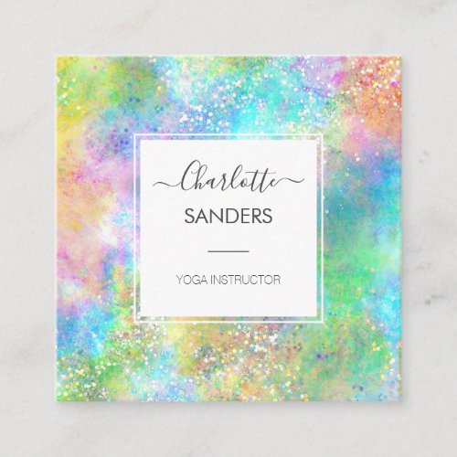 Holographic opal gemstone gold glitter  square business card