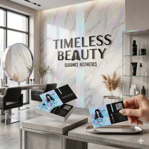 Holographic Opal Hair Salon Stylist Modern Black Business Card