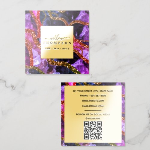 Holographic Opal Purple Geode Agate QR Code Gold Foil Business Cards