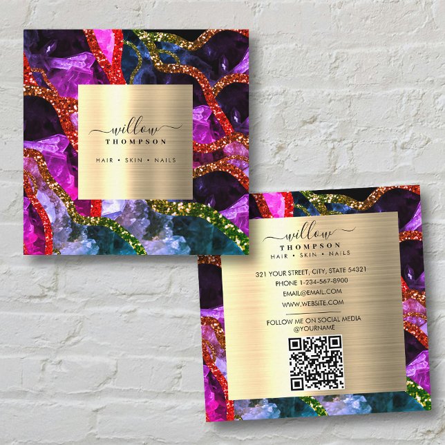Holographic Opal Purple Geode Agate QR Code Square Business Card (Holographic Opal Purple Geode Agate QR Code Square Business Card)