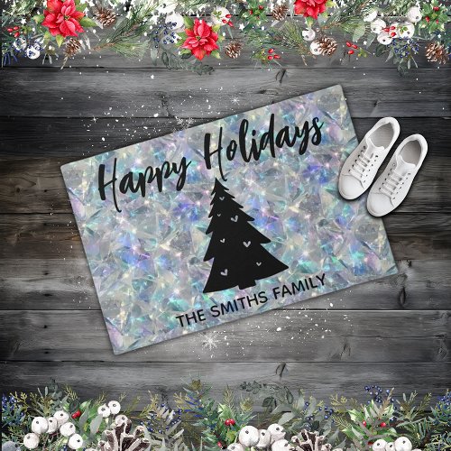 Holographic Opal Stone Background Happy Holidays Doormat