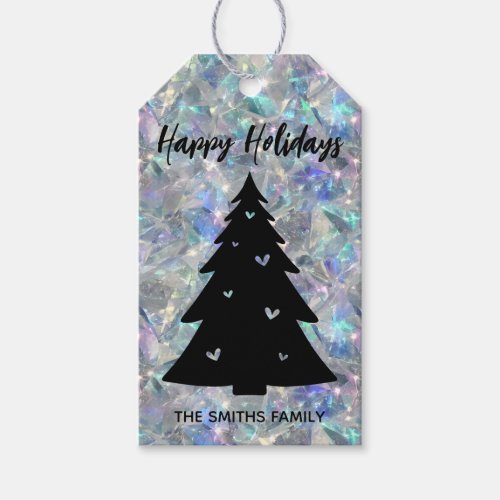 Holographic Opal Stone Background Happy Holidays Gift Tags