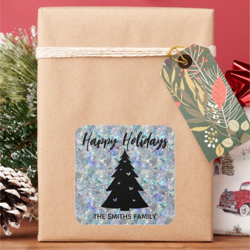 Holographic Opal Stone Background Happy Holidays Square Sticker