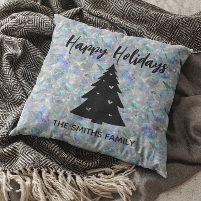 Holographic Opal Stone Background Happy Holidays Throw Pillow (Creator Uploaded)