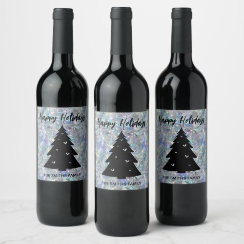 Holographic Opal Stone Background Happy Holidays Wine Label