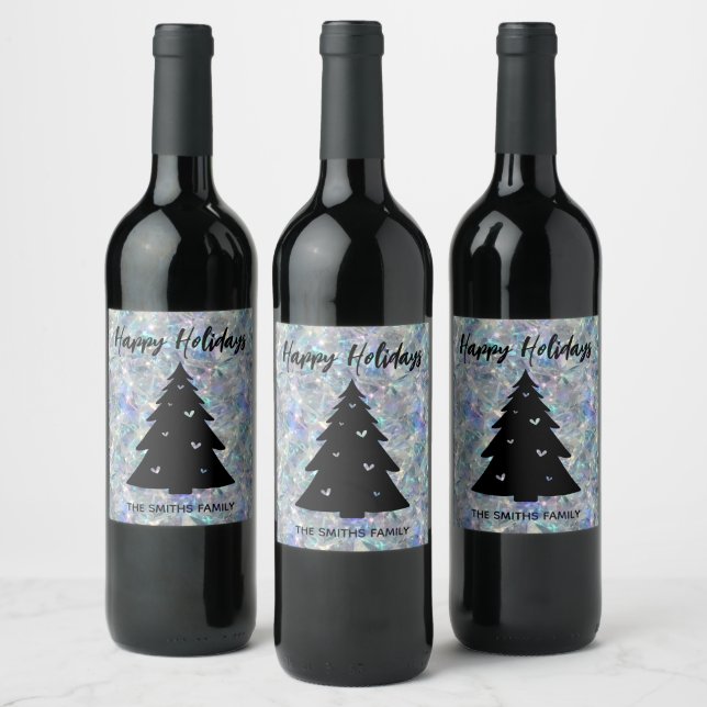 Holographic Opal Stone Background Happy Holidays Wine Label (Bottles)