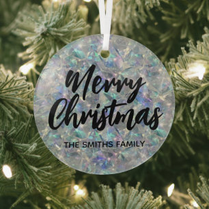 Holographic Opal Stone Background Merry Christmas Glass Ornament