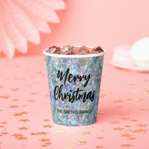 Holographic Opal Stone Background Merry Christmas Paper Cups