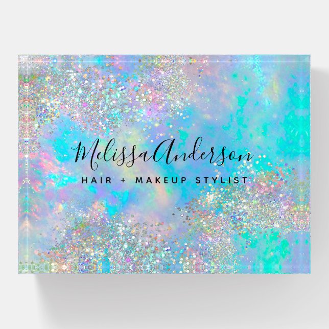 Holographic Opal Stone Glitter Calligraphy Paperweight (Front)